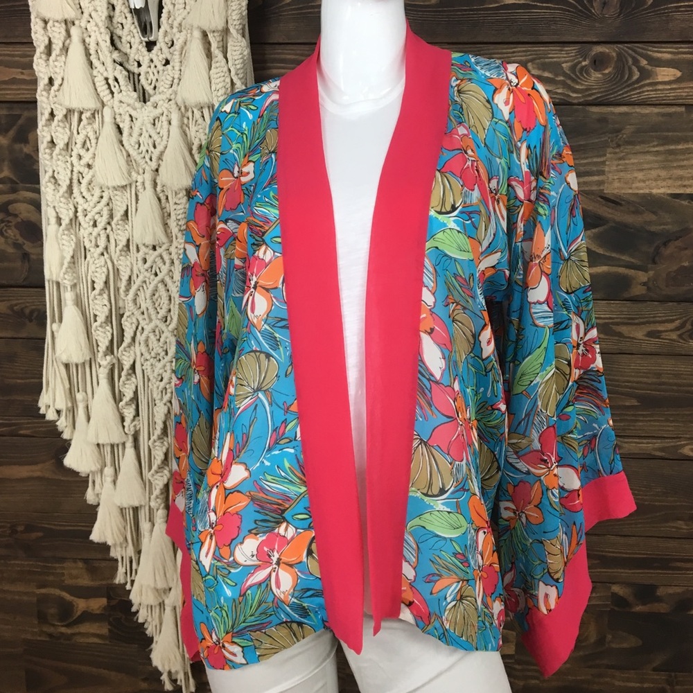 Marsh‎ Landing | Chiffon Floral Kimono Cardigan Cover Up Vibrant Colors Hot Pink
